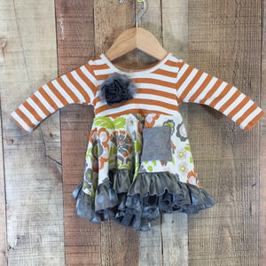 Giggle Moon Orange Gray Striped Floral Ruffle Dress Baby‎ 6M Long Sleeve